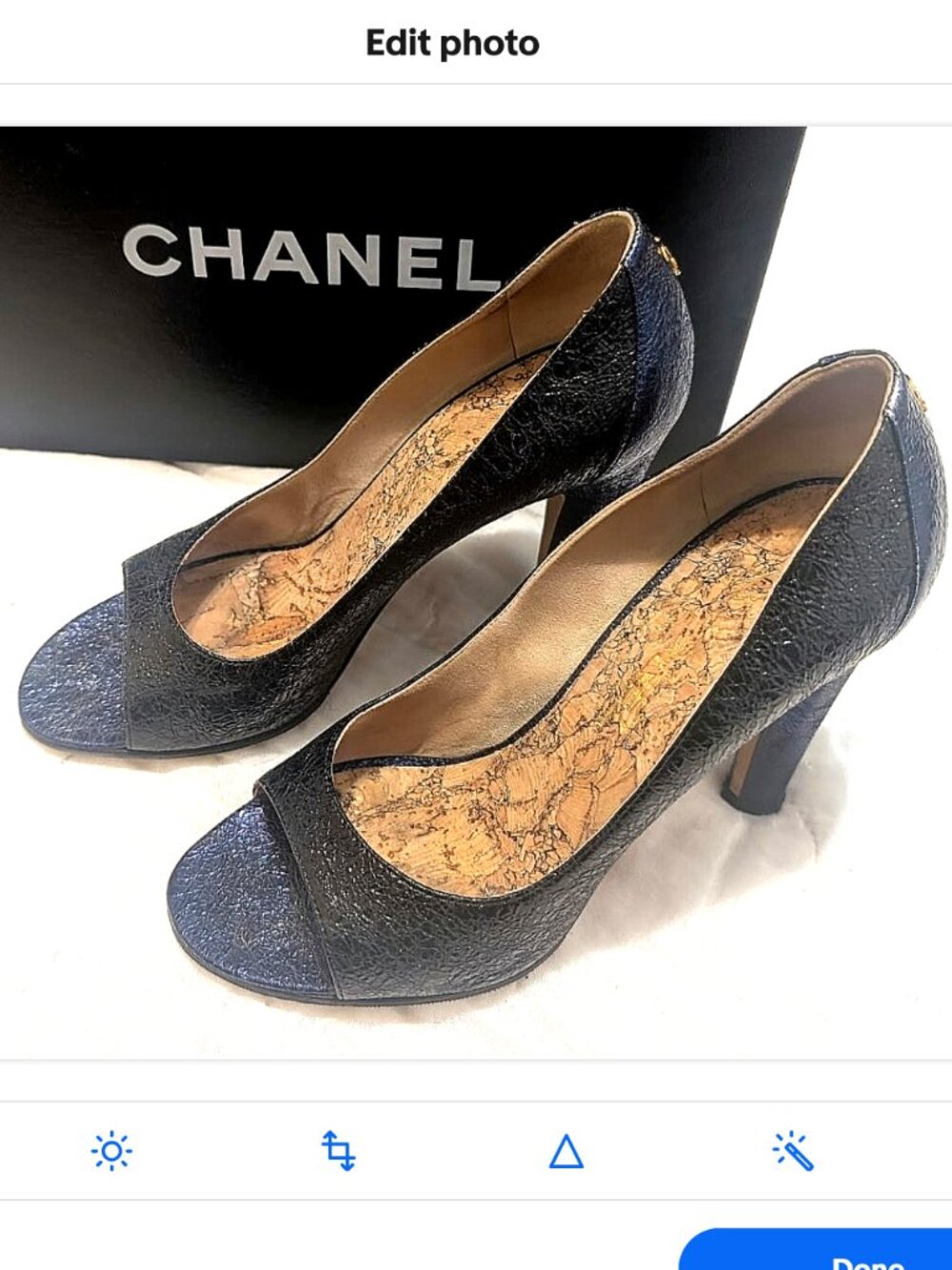 CHANEL 2012 Crinkled Black Leather  Coco Mark Peep Toe Pumps EU37 w Box, Bags